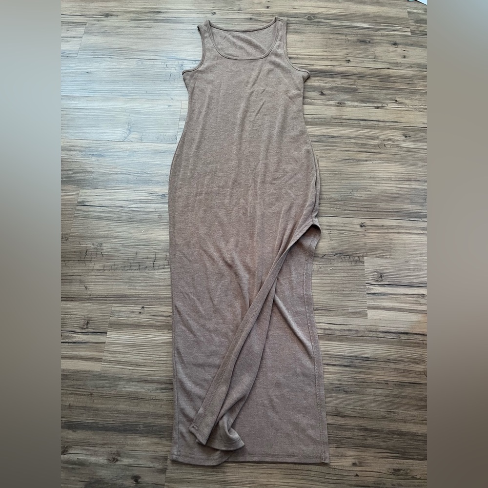 Tan dress with leg cutout